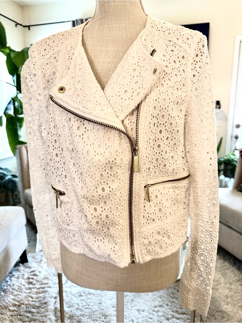 Michael Kors Cream Eyelet Lace Moto Jacket with Gold Hardware